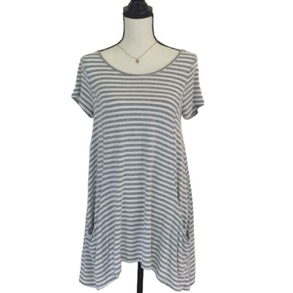 Olivia Sky Tops - Olivia Sky Womens Gray White Striped Short Sleeve Pocket Tunic Top Size S